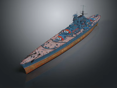 Detailed 3D Battleship Model With Blue Hull Brown Deck And Turrets Structure 3d model