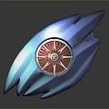 Blue Glossy Wing Shaped Decorative Object With Red Circular Gear Center