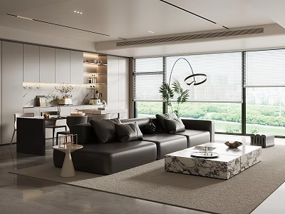 Modern Living and Dining Room Interior Design With Leather Sofa And Marble Coffee Table 3d model
