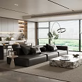 Modern Living and Dining Room Interior Design With Leather Sofa And Marble Coffee Table