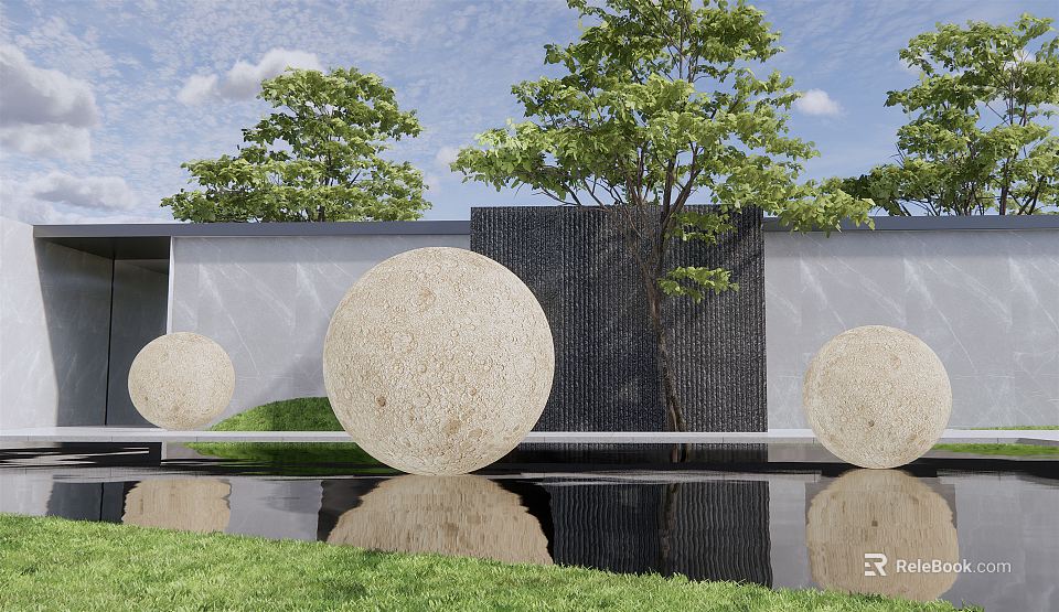 Circular Stone Landscape Sculptures in Garden with Water Feature Grass Trees and Gray Black Wall 3d model 