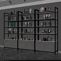 Modern Storage Shelf With Black Frame White Marble Cabinet Doors And Skincare Products On Layers