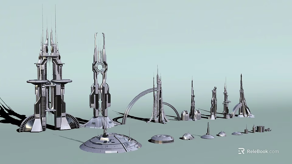 Futuristic Architectural Structures With Tall Towers Arches And Circular Bases 3d model 