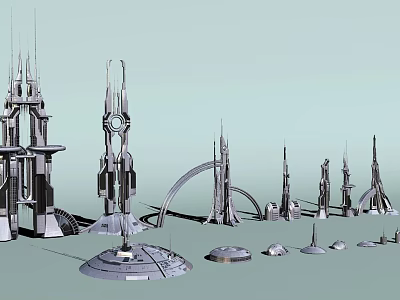 Futuristic Architectural Structures With Tall Towers Arches And Circular Bases 3d model