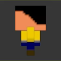 Pixel Art Block Head Character With Black Hair Big Eyes Yellow Shirt Blue Pants
