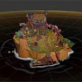 3D Island Scene Featuring Building With Red Roof Flag Trees Wooden Path And Water