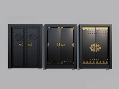 Elegant Black Double Doors With Gold Carvings Metal Accents And Intricate Decorative Patterns 3d model