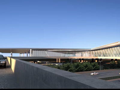 Modern Public Building Exterior With Glass Curtain Wall Spacious Structure Greenery And Vehicles 3d model