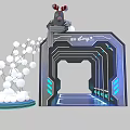 Activity Passage with Gray Mouse Red Horns White Spherical Structure Blue Lighting Modern Tech Design