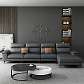 Gray Leather L Shaped Sofa and Round Coffee Table Set with Circular Wall Clock
