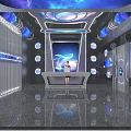 Modern Tech Inspired Bar Interior With Blue Lighting Illuminated Decorations Reception Counter And Female Bartender