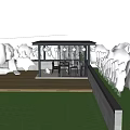 Modern Patio Pavilion With Black Metal Frame Wooden Flooring Dog Resting And Surrounding Green Plants