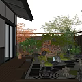 Japanese Courtyard Garden Design With Wooden Deck Stone Elements Green Plants And Fountain