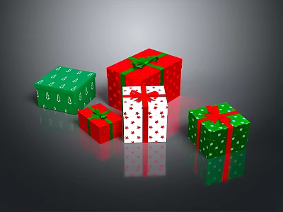 Multiple Vibrant Gift Boxes In Red Green White With Star Patterns And Red Ribbons 3d model