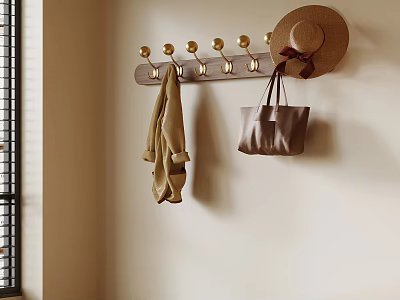 Wooden Wall Hooks With Gold Hooks Hanging Straw Hat Coat And Handbag 3d model