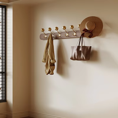 Wooden Wall Hooks With Gold Hooks Hanging Straw Hat Coat And Handbag 3d model