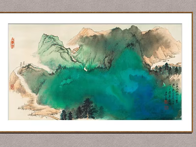 Traditional Landscape Painting With Green Blue Hues And Mountain Tree Scenery 3d model