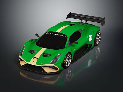 High Performance Brabham BT62 Green Racing Car With Gold Stripes Number 12 Rear Wing 3d model