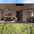 Modern Living and Dining Room Interior With Black Leather Sofa Armchair Ceiling Fan and Decorative Art