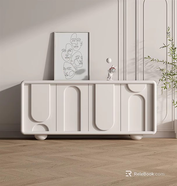White Console Cabinet With Unique Geometric Design Decorative Items And Potted Plant On Light Wall 3d model 