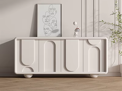 White Console Cabinet With Unique Geometric Design Decorative Items And Potted Plant On Light Wall 3d model