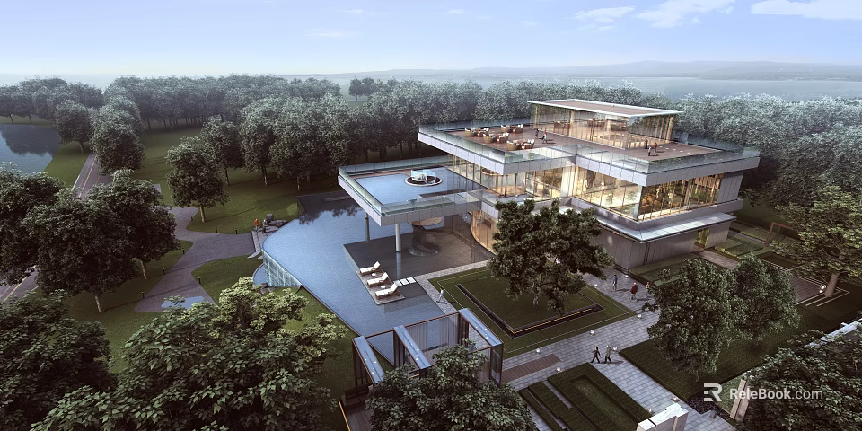 Modern Detached Villa With Roof Terrace Water Feature And Lush Greenery Surroundings 3d model 