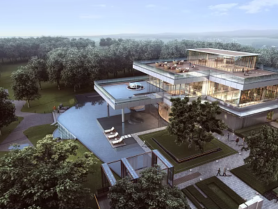 Modern Detached Villa With Roof Terrace Water Feature And Lush Greenery Surroundings 3d model