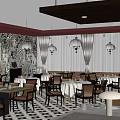Modern Restaurant Interior With Hanging Lamps Round Tables Brown Chairs And Patterned Floor