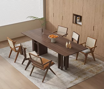 Quiet Middle and Ancient Style Dining Table and Chair Long Dining Table Rattan Chair Solid Wood Dining Table and Chair Dining Table for More than Four People 3d model