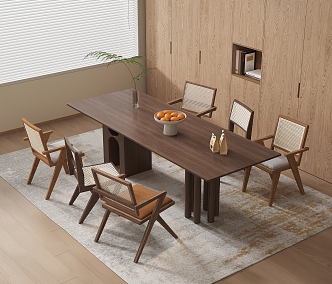 Quiet Middle and Ancient Style Dining Table and Chair Long Dining Table Rattan Chair Solid Wood Dining Table and Chair Dining Table for More than Four People 3d model