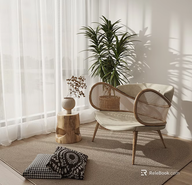 Cozy Rattan Armchair With Green Plant Wooden Stump Table Light Curtains And Carpet 3d model 