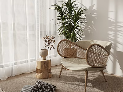 Cozy Rattan Armchair With Green Plant Wooden Stump Table Light Curtains And Carpet 3d model