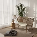 Cozy Rattan Armchair With Green Plant Wooden Stump Table Light Curtains And Carpet