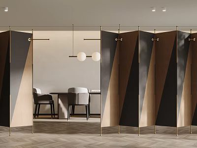 Modern Geometric Room Divider With Wooden Black Panels Gold Frame And Pendant Lights 3d model