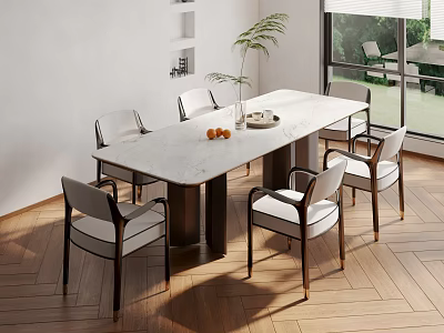 Modern Dining Table Set With Marble Top Six Chairs On Wooden Floor Fruit Plant Decoration 3d model