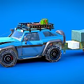 Blue Modified Off Road Car With Roof Rack Luggage And Canvas Covered Trailer