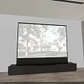Large TV Displaying Outdoor View on Black Stand in Room With Light Wall Wooden Floor