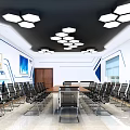 Modern Conference Room With Hexagonal Ceiling Lights Blue Screen And Arranged Chairs 3d model