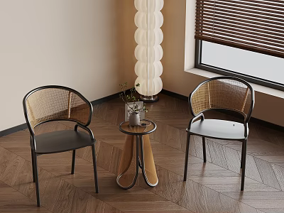 Modern Interior Space Featuring Wicker Chairs Small Round Table Potted Plant And Floor Lamp 3d model