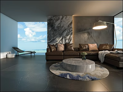 Modern Luxury Seaview Living Room With Brown Leather Sofa And Round Marble Coffee Table 3d model