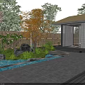 Serene Japanese Garden Courtyard Featuring Bamboo Fence Maple Trees Rocks Waterfall And Stone Patio