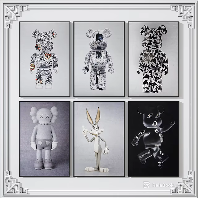 Colorful Art Prints Featuring Bear Rabbit Skeleton Characters On Wall 3d model