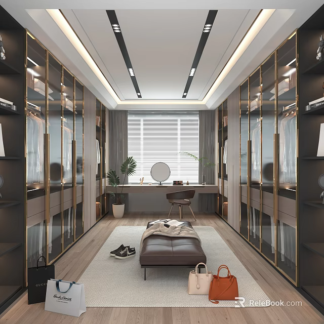 Modern Luxurious Walk in Closet With Vanity And Cabinets 3d model 