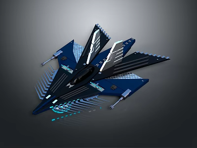 Blue Futuristic Sci-Fi Aircraft Model With Illuminated Lines And Detailed Wing Design 3d model