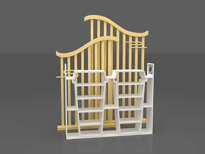 Yellow Curved Decorative Frame With White Layered Shelves Structure 3d model