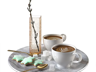 White Latte Art Coffee Cups On Tray With Green Star Cookies Sugar Cubes Golden Spoons 3d model