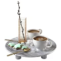 White Latte Art Coffee Cups On Tray With Green Star Cookies Sugar Cubes Golden Spoons