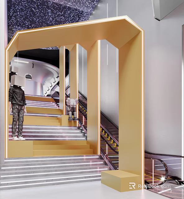 Interior Scene With Golden Frame Stairs And Escalator 3d model 
