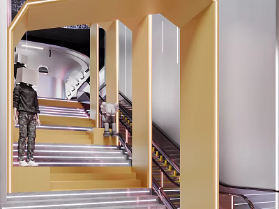 Interior Scene With Golden Frame Stairs And Escalator 3d model