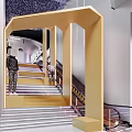 Interior Scene With Golden Frame Stairs And Escalator